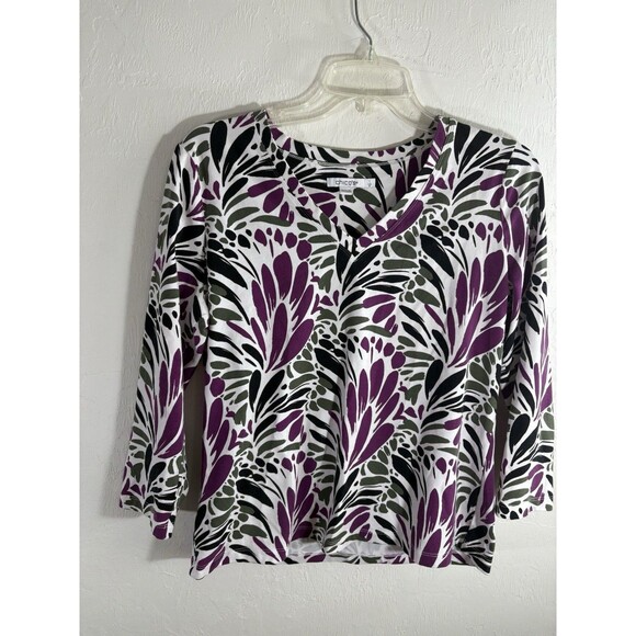 Chicos White Purple Olive Floral 3/4 Sleeve V-Neck Cotton Woman Sz 1 Medium Top - Picture 13 of 13